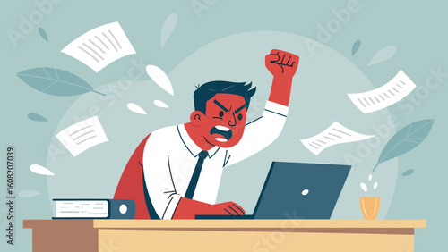 Angry businessman at his desk throwing papers, illustration for articles about stress, anger management, or workplace frustration.