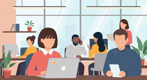 Diverse team of professionals working collaboratively in a modern office. Ideal for websites, brochures, and presentations on teamwork, collaboration, and business success.