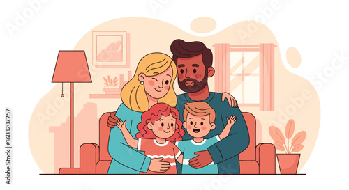 Happy diverse family portrait illustration, perfect for family blogs, websites, and social media.