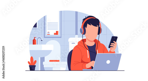 Person using laptop and phone in bathroom, perfect for articles about multitasking or modern lifestyle.