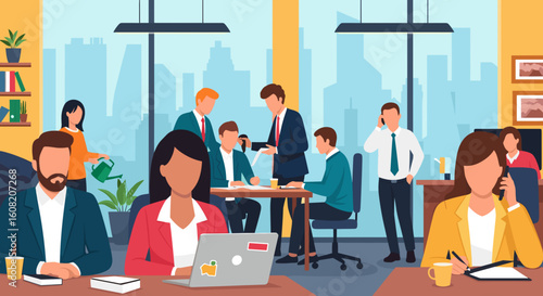 Busy Office Workers Collaborating and Communicating, Ideal for Business Presentations