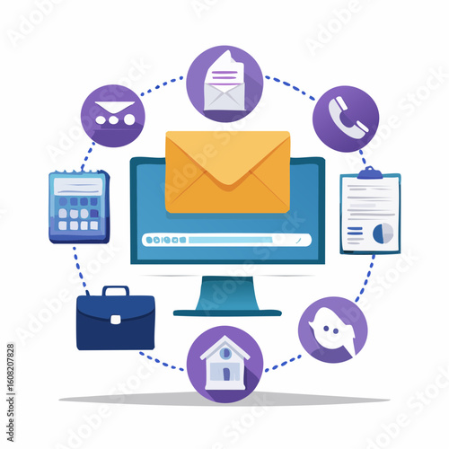 Computer screen displaying email, surrounded by icons representing communication, scheduling, and business tasks.