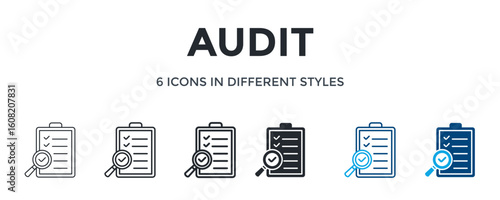 Audit Icon In Different Style Vector Illustration. Designed In Thin Line, Regular Line, Bold Line, Glyph, Color Line, And Color Glyph Style Can Be Used For Web