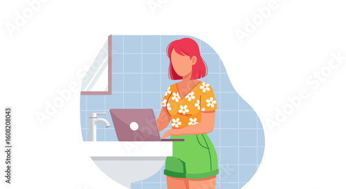 Woman working on laptop in bathroom, perfect for blog post on work-life balance or remote work.