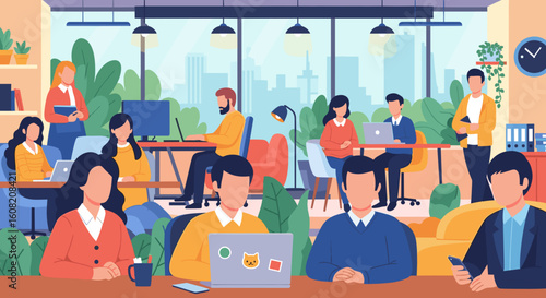 Diverse team of coworkers collaborating in a modern office, ideal for website banners and brochures.