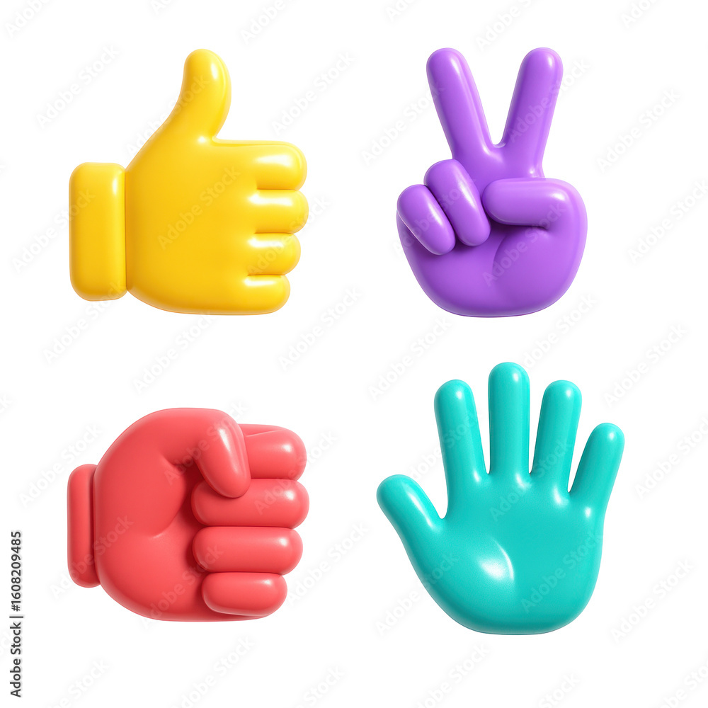 Obraz premium Four 3D Plastic Icon Style Hands Performing Various Gestures against Transparent Background