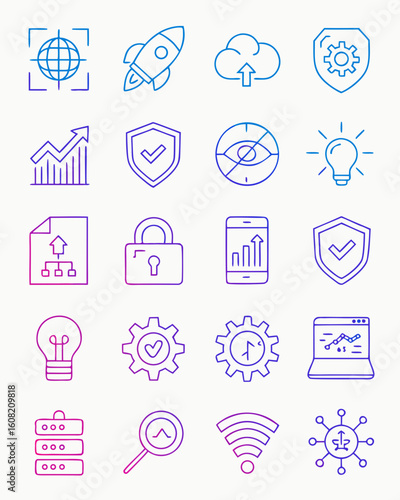 "AI & Tech Startup Line Icons – Futuristic Gradient Vector Set for SaaS, Cloud, and Automation UI"
