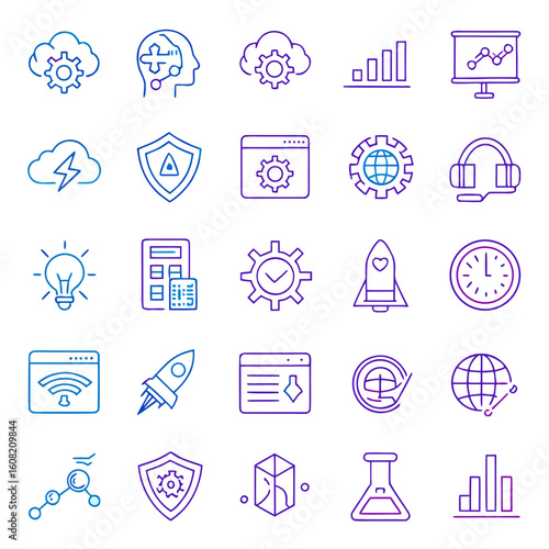 "AI & Tech Startup Line Icons – Futuristic Gradient Vector Set for SaaS, Cloud, and Automation UI"
