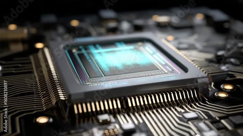 Computer chip is shown in a close up. The chip is black and has a gold color. close-up of AI chip fused with qbit processor, isolated against dark gradient background, quantum ai development