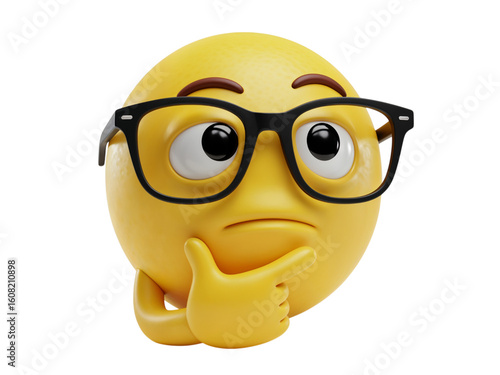 Yellow emoji character wearing glasses with a thoughtful expression and hand on chin isolated on transparent background