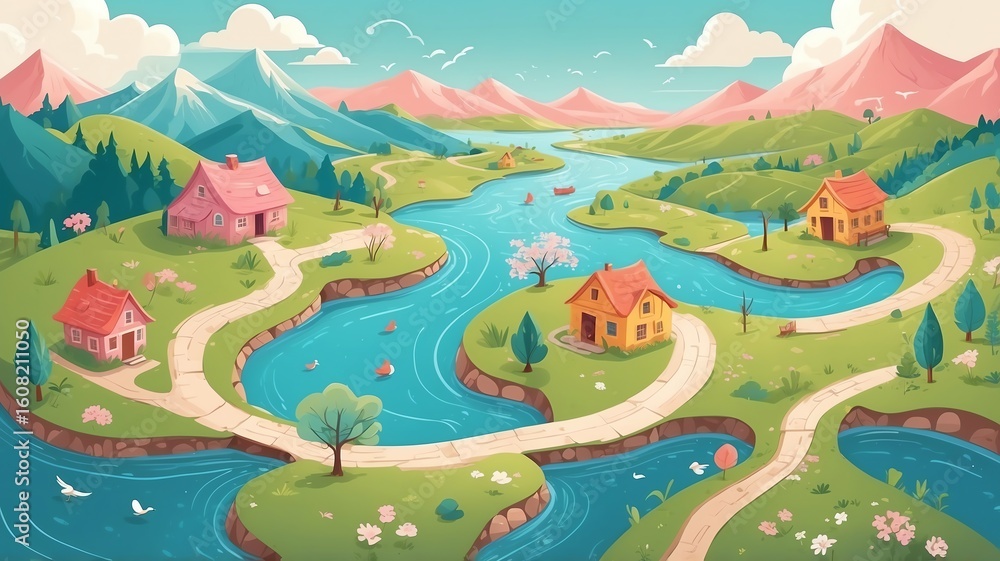 Fototapeta premium Cartoon Valley Landscape with River, Houses, and Mountains Art
