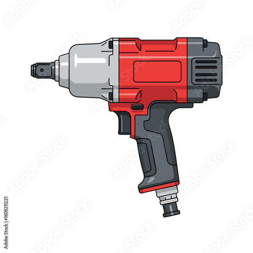 A side view illustration of a pneumatic impact wrench, highlighting its red and gray components.