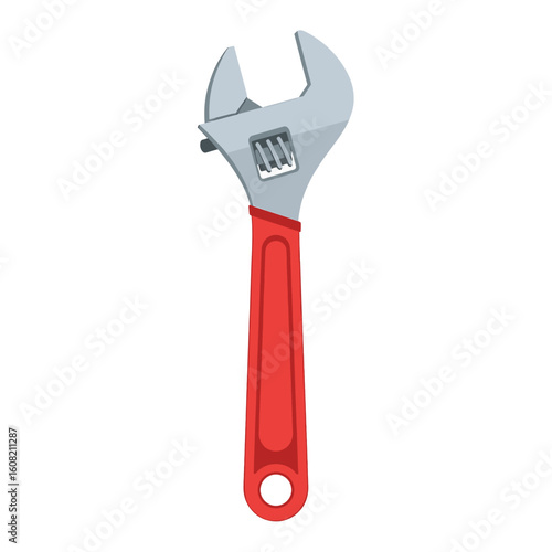 A red-handled adjustable wrench, isolated on a white background.