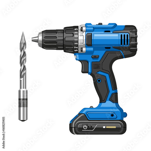 A close-up illustration of a blue and black cordless drill with a drill bit.