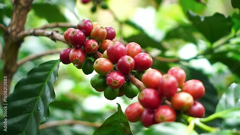 Close Up of Red and Green Coffee Cherries on a Branch Surrounded by Green Leaves in a Coffee Farm Close Up of Red and Green Coffee Cherries on a Branch Surrounded by Green Leaves in a Coffee Farm