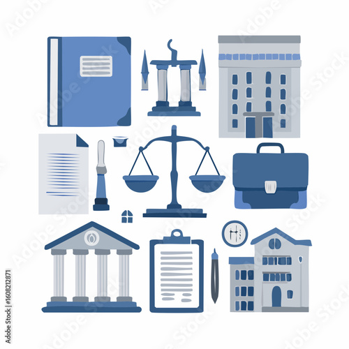 A collection of blue and grey flat design icons representing the legal system, law, and justice.