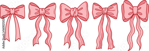 Set of hand drawn various ribbons and bows. Minimalist drawing sketch