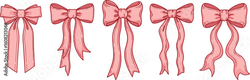 Set of hand drawn various ribbons and bows. Minimalist drawing sketch