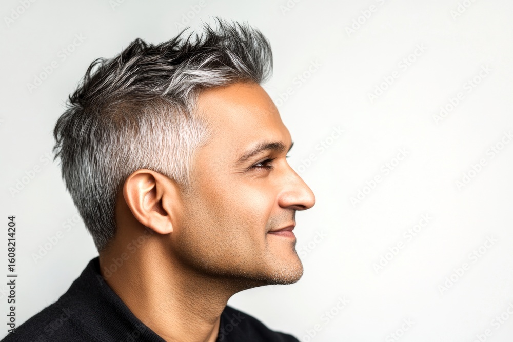 Obraz premium Classy men's textured crop haircut - midlife indian man with short hair. Pure white solid background. Idea of style for aging men. A man with natural beauty and a confident stance.