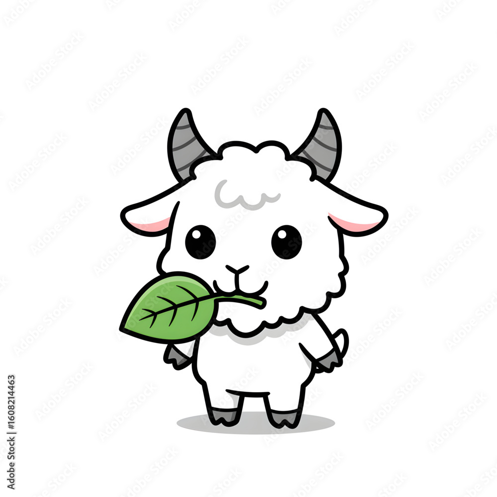 Fototapeta premium Cute Goat Character with Leaf in Mouth