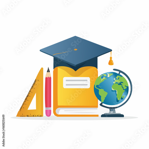 Graduation cap atop an open book, accompanied by a globe, ruler, and pencil, symbolizing education and learning.