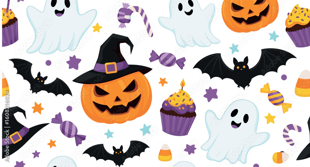 Obraz premium Cute Halloween seamless pattern. Funny ghosts, hats, fun pumpkins, bats, candy and stars.