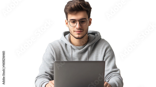 Successful caucasian young man student freelancer using laptop, watching webinars, working remotely, e-learning e-commerce online isolated in white background