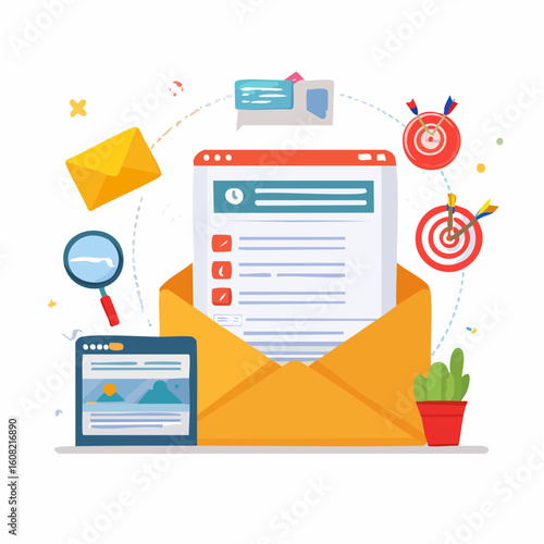 Email marketing strategy with various tools and targets illustrated.