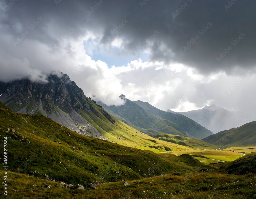 Fototapeta premium Mountain valley bathed in sunlight through stormy clouds