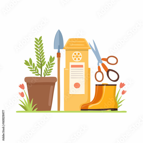 An arrangement of essential gardening tools including a potted plant, trowel, fertilizer, scissors, and a yellow boot.