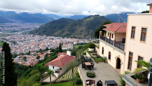 Ecuadorian mountain terrace overlooking Quito, mix of colonial and modern styles