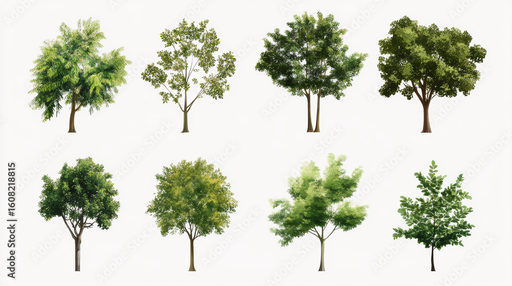 Fototapeta premium Trees collection set. Green plants with leaves, garden botanical vector realistic