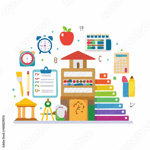 A vibrant collection of educational tools and school supplies, including books, an apple, and stationery, symbolizing learning.