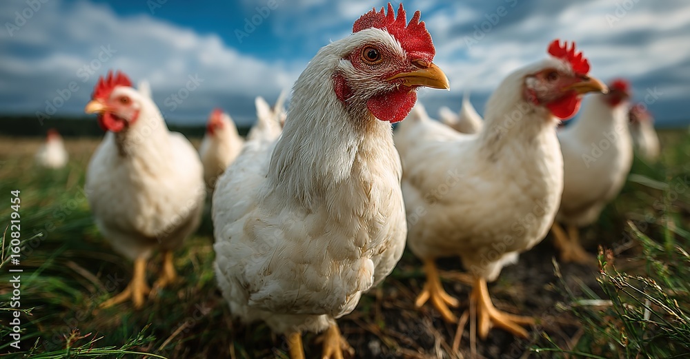 Fototapeta premium A group of chickens roaming freely on the green grass, used for promotional materials and backgrounds of farms, organic food stores or related brands.