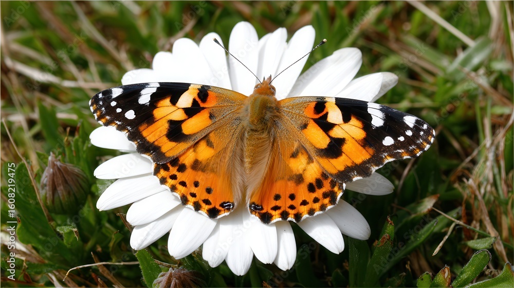 A vibrant butterfly rests on a white flower, showcasing its intricate orange and black patterns, This image is ideal for nature-themed projects, educational materials, or as decorative art, A vibrant butterfly rests on a white flower, showcasing its intricate orange and black patterns, This image is ideal for nature-themed projects, educational materials, or as decorative art,