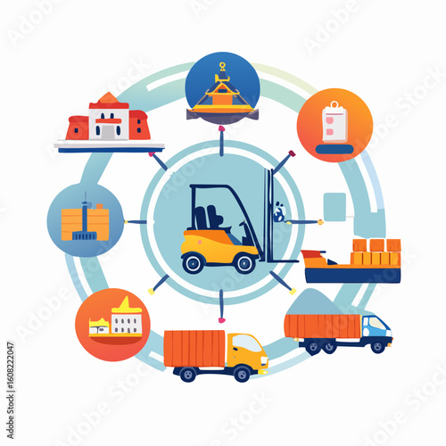 Forklift at center of logistics network, showcasing transportation, warehousing, and delivery processes.