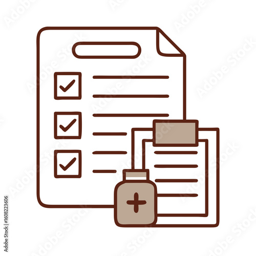 A simplified healthcare document with checklist, prescription bottle and file.
