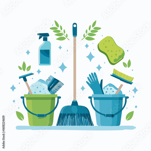 Cleaning supplies illustration featuring two buckets filled with cleaning agents, a broom, spray bottle, sponge, gloves, and brush, arranged in a visually appealing composition.