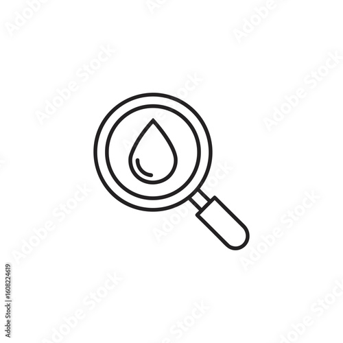 Magnifying glass examining a water drop isolated on a white background