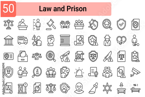 A collection of icons related to lawyers, correctional law enforcement systems, justice, crime, and provides guiding principles in law enforcement.