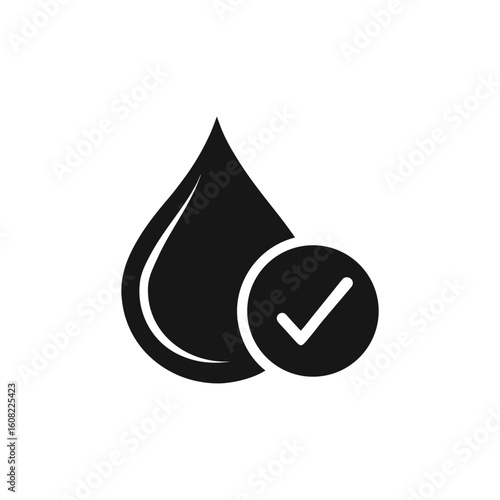 Water drop with checkmark icon isolated on white background
