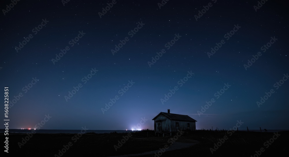 Obraz premium A solitary, weathered house stands on a dark beach under a star-studded night sky
