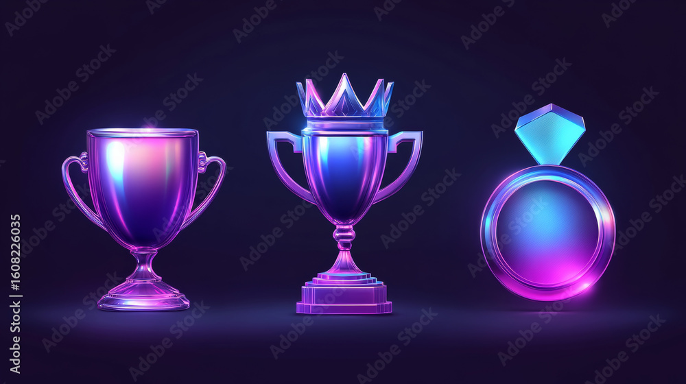 Winner awards holographic 3d icons including a medal, a trophy cup and a crown. Reward purple and blue chrome gradient vector elements. Winner awards holographic 3d icons including a medal, a trophy cup and a crown. Reward purple and blue chrome gradient vector elements.
