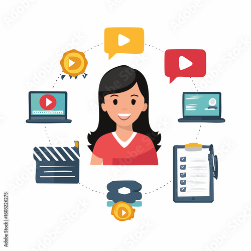 Smiling woman surrounded by digital media elements, representing online video content creation and management.