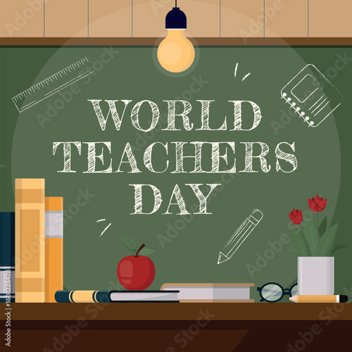 World Teachers Day Poster. Teacher's desk in the classroom