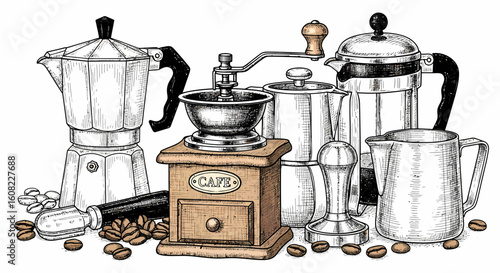 Hand drawn coffee beans with espresso makers and grinders in coffee beans art sketch black vector kitchen brewing set