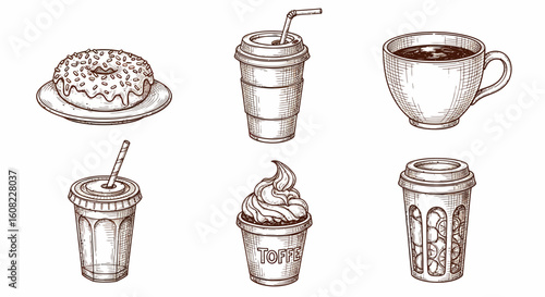 Hand drawn coffee beans with various drinks and desserts in coffee beans art sketch black vector illustration for café elements