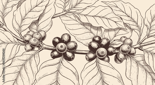Hand drawn vector illustration of coffee plant branch with berries and leaves, coffee beans art sketch black vector botanical coffee concept