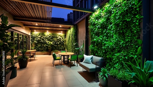 Eco-luxury terrace, vertical garden wall, solar lighting, sustainable materials