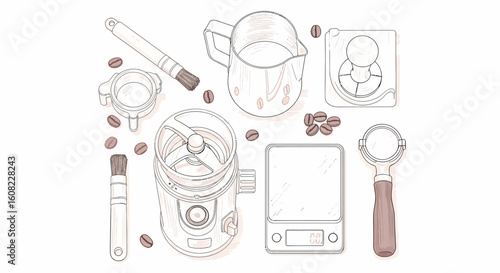 Coffee beans art sketch black vector of digital coffee scale, espresso tools, portafilter and beans in hand drawn vector illustration